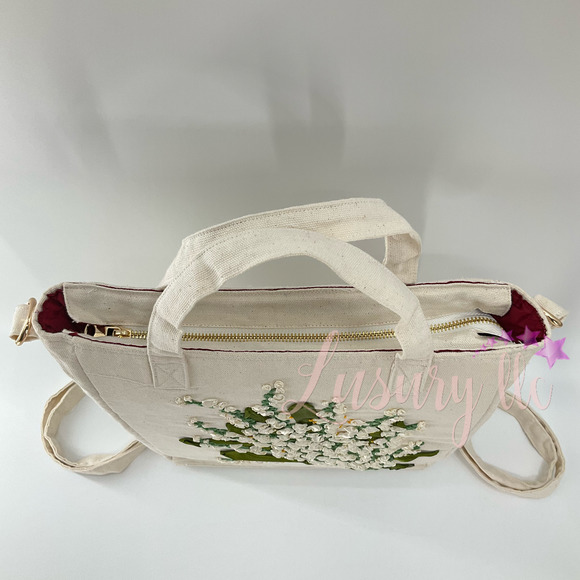 Lily Of The Valey Embroidery Convertible Backpack Tote Crossbody Bag, White main image 9